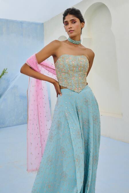 Shop_Chamee And Palak_Blue Crepe, Silk, Net Sequins, Embroidery Suhana Corset And Flared Pant Set _Online_at_Aza_Fashions