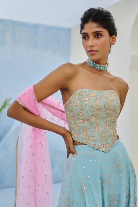 Chamee And Palak_Blue Crepe, Silk, Net Sequins, Embroidery Suhana Corset And Flared Pant Set _at_Aza_Fashions