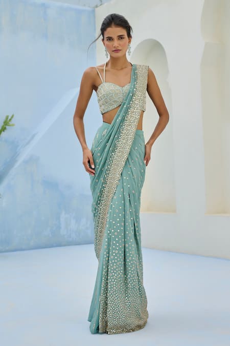 Chamee And Palak Green Georgette, Silk Sequins, Embroidery, Sufi Pre-drape Saree And Blouse Set