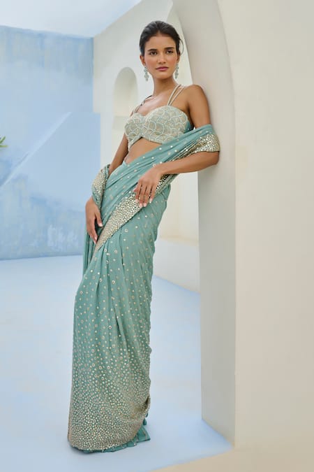 Buy_Chamee And Palak_Green Georgette, Silk Sequins, Embroidery, Sufi Pre-drape Saree And Blouse Set _Online_at_Aza_Fashions