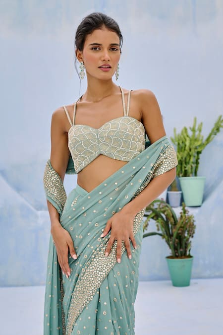 Shop_Chamee And Palak_Green Georgette, Silk Sequins, Embroidery, Sufi Pre-drape Saree And Blouse Set _Online_at_Aza_Fashions