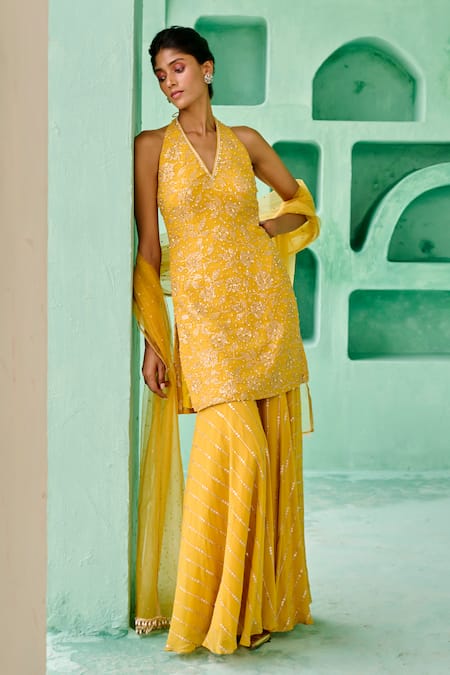 Shop_Chamee And Palak_Yellow Georgette, Net Embroidery, Beads Halter Neck Fiza Kurta And Sharara Set _Online_at_Aza_Fashions