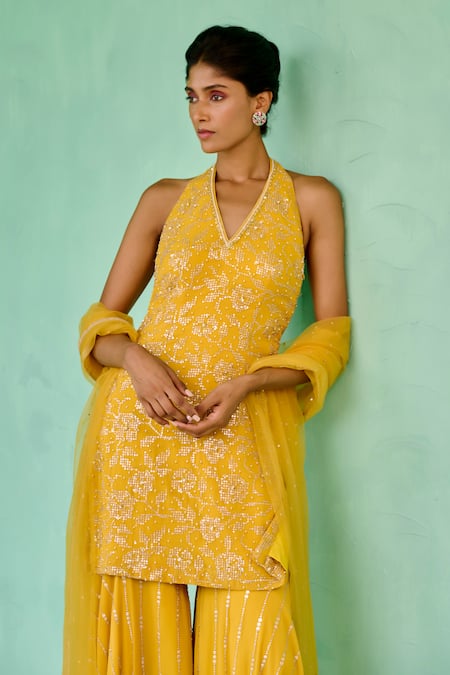 Chamee And Palak_Yellow Georgette, Net Embroidery, Beads Halter Neck Fiza Kurta And Sharara Set _at_Aza_Fashions