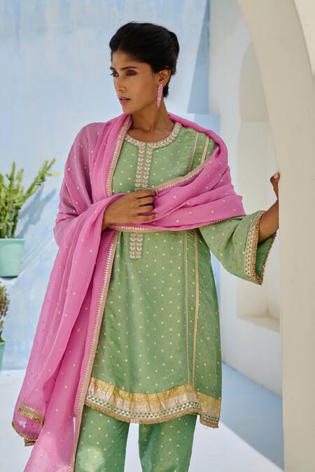 Chamee And Palak_Green Tissue, Silk, Organza Sequins Round Neck Mina Embroidered Tunic Set _Online_at_Aza_Fashions