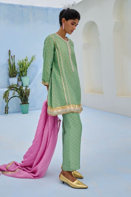 Buy_Chamee And Palak_Green Tissue, Silk, Organza Sequins Round Neck Mina Embroidered Tunic Set _Online_at_Aza_Fashions