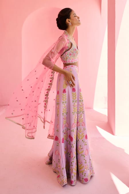Buy_Chamee And Palak_Pink Dupion, Silk Embroidery Split V-neck Ghazal Tulle Cape And Pant Set _Online_at_Aza_Fashions