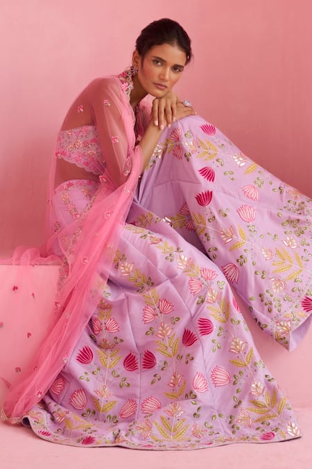 Shop_Chamee And Palak_Pink Dupion, Silk Embroidery Split V-neck Ghazal Tulle Cape And Pant Set _Online_at_Aza_Fashions