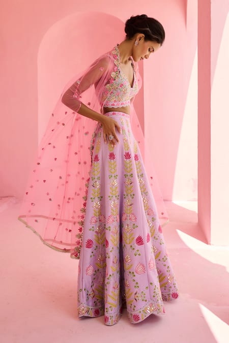 Chamee And Palak_Pink Dupion, Silk Embroidery Split V-neck Ghazal Tulle Cape And Pant Set _at_Aza_Fashions