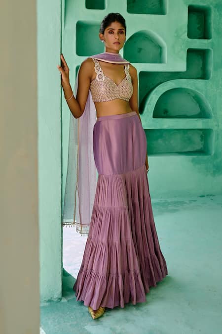 Chamee And Palak Purple Tissue, Silk, Net Beads, Fida Layered Lehenga And Embroidered Blouse Set 