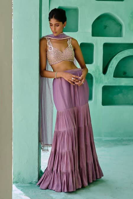 Shop_Chamee And Palak_Purple Tissue, Silk, Net Beads, Fida Layered Lehenga And Embroidered Blouse Set _Online_at_Aza_Fashions