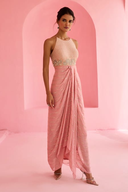 Chamee And Palak_Pink Georgette, Silk Beads, Embroidery, Sequins Halter Neck Bodice Dress _Online_at_Aza_Fashions