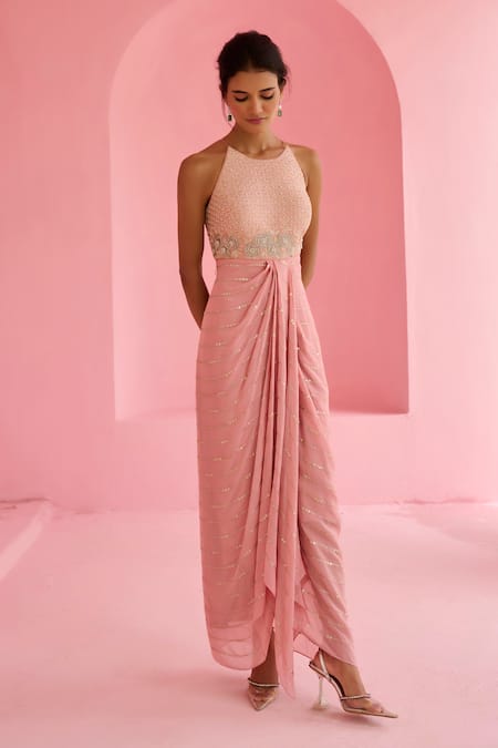 Buy_Chamee And Palak_Pink Georgette, Silk Beads, Embroidery, Sequins Halter Neck Bodice Dress _Online_at_Aza_Fashions