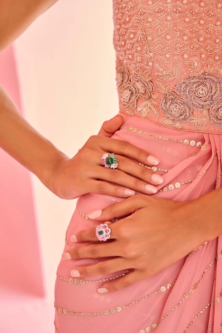 Shop_Chamee And Palak_Pink Georgette, Silk Beads, Embroidery, Sequins Halter Neck Bodice Dress _Online_at_Aza_Fashions