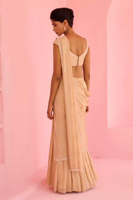 Chamee And Palak_Beige Georgette, Silk Sequins, Stones, Suhana Pre-draped Saree And Blouse Set _Online_at_Aza_Fashions