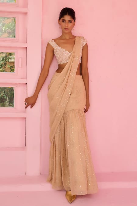 Chamee And Palak Beige Georgette, Silk Sequins, Stones, Suhana Pre-draped Saree And Blouse Set 