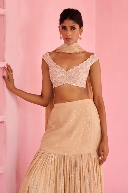 Shop_Chamee And Palak_Beige Georgette, Silk Sequins, Stones, Suhana Pre-draped Saree And Blouse Set _Online_at_Aza_Fashions