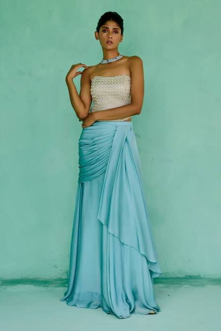 Chamee And Palak_Beige Brocade, Chiffon Pearls, Beads Bandeau Zoha Embroidered Corset And Skirt Set _Online_at_Aza_Fashions