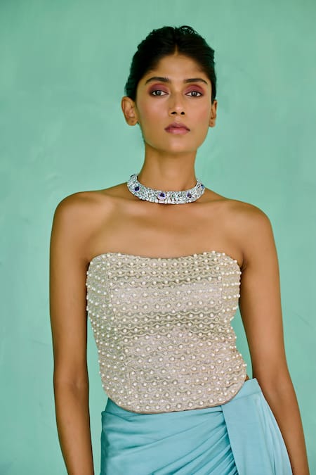 Buy_Chamee And Palak_Beige Brocade, Chiffon Pearls, Beads Bandeau Zoha Embroidered Corset And Skirt Set _Online_at_Aza_Fashions