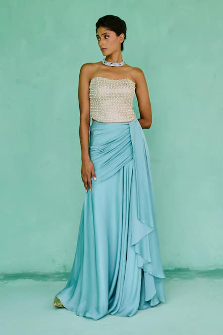 Shop_Chamee And Palak_Beige Brocade, Chiffon Pearls, Beads Bandeau Zoha Embroidered Corset And Skirt Set _Online_at_Aza_Fashions