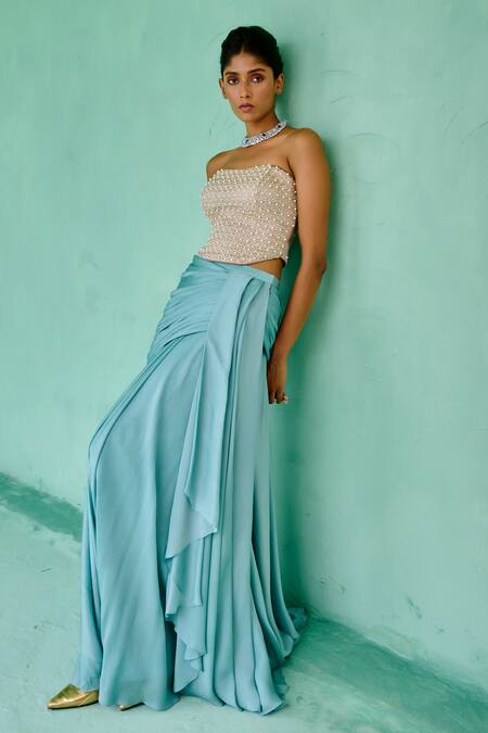 Chamee And Palak_Beige Brocade, Chiffon Pearls, Beads Bandeau Zoha Embroidered Corset And Skirt Set _at_Aza_Fashions