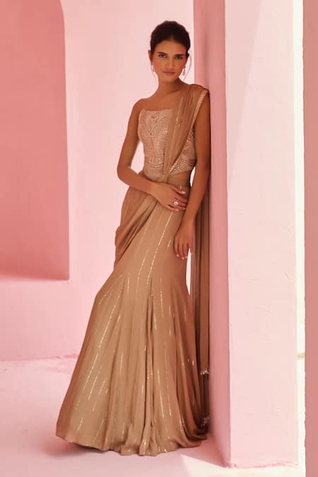 Chamee And Palak_Brown Georgette, Satin Sequins, Stella Pre-draped Saree And Embroidered Blouse Set _Online_at_Aza_Fashions