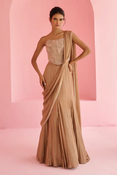 Chamee And Palak Brown Georgette, Satin Sequins, Stella Pre-draped Saree And Embroidered Blouse Set