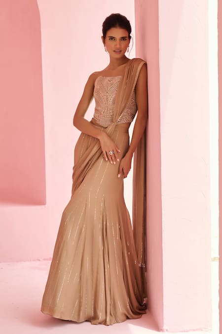 Chamee And Palak_Brown Georgette, Satin Sequins, Stella Pre-draped Saree And Embroidered Blouse Set _at_Aza_Fashions