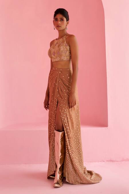 Buy_Chamee And Palak_Brown Georgette, Silk Embroidery, Beads Halter Neck Noor Blouse And Skirt Set _Online_at_Aza_Fashions