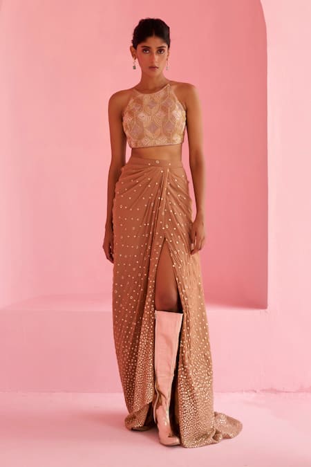 Shop_Chamee And Palak_Brown Georgette, Silk Embroidery, Beads Halter Neck Noor Blouse And Skirt Set _Online_at_Aza_Fashions