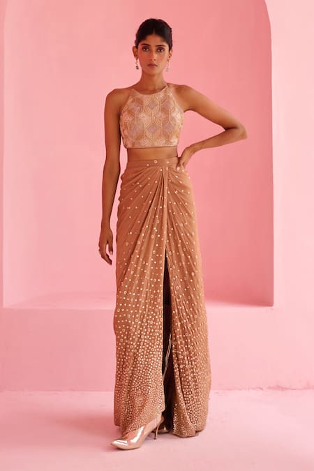 Chamee And Palak Brown Georgette, Silk Embroidery, Beads Halter Neck Noor Blouse And Skirt Set