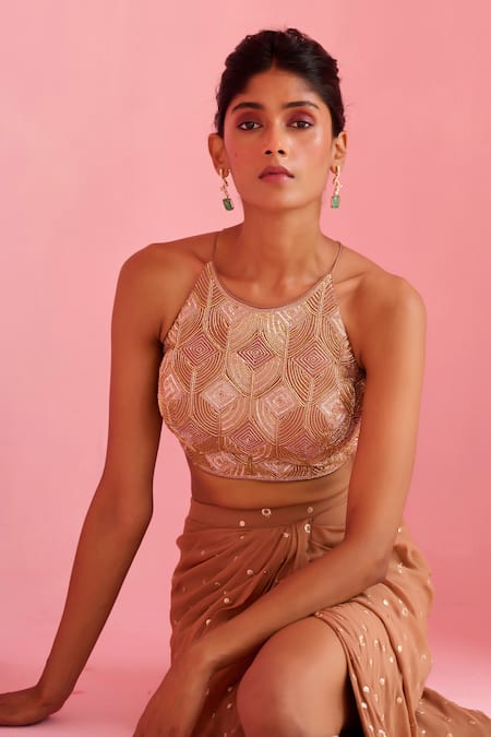 Chamee And Palak_Brown Georgette, Silk Embroidery, Beads Halter Neck Noor Blouse And Skirt Set _at_Aza_Fashions