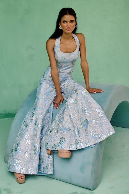 Chamee And Palak_Blue Dupion, Silk Embroidery, Sequins Halter Neck Mahin Top And Flared Pant Set _Online_at_Aza_Fashions