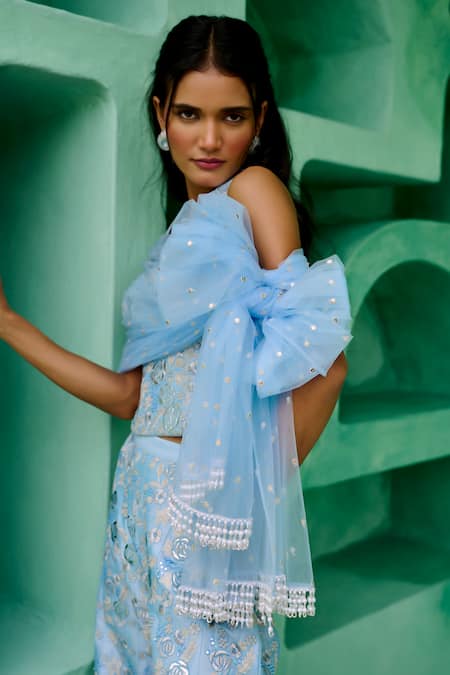 Buy_Chamee And Palak_Blue Dupion, Silk Embroidery, Sequins Halter Neck Mahin Top And Flared Pant Set _Online_at_Aza_Fashions
