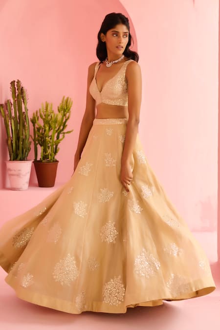 Shop_Chamee And Palak_Beige Organza, Silk Embroidery Sweetheart Neck Adah Rose Embellished Lehenga Set _Online_at_Aza_Fashions