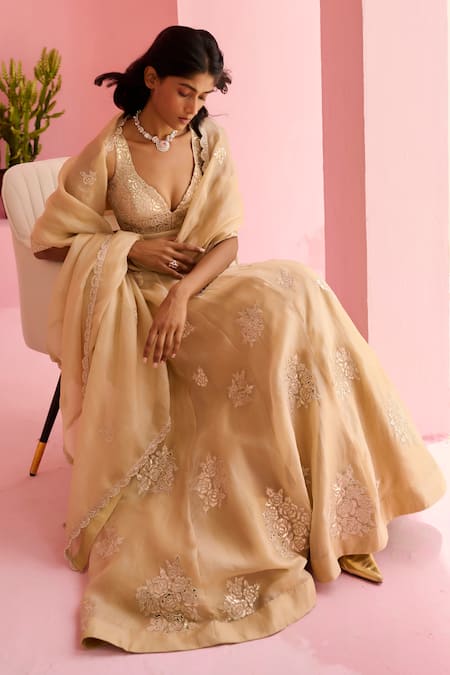 Chamee And Palak_Beige Organza, Silk Embroidery Sweetheart Neck Adah Rose Embellished Lehenga Set _at_Aza_Fashions