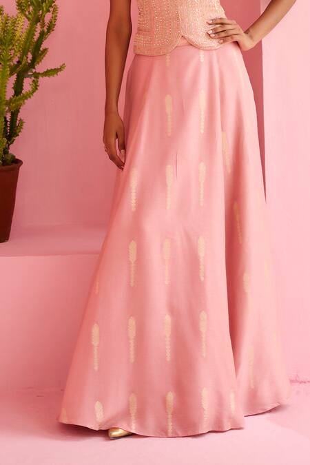 Shop_Chamee And Palak_Peach Silk, Net Embroidery Halter Neck Amal Floral Pattern Lehenga Set _Online_at_Aza_Fashions