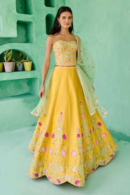 Chamee And Palak_Yellow Dupion, Silk, Net Embroidery Sweetheart Falak Floral Pattern Lehenga Set _Online_at_Aza_Fashions