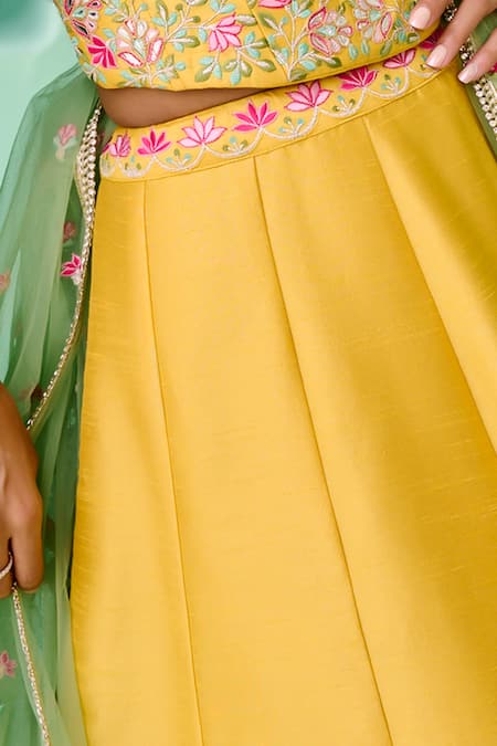 Buy_Chamee And Palak_Yellow Dupion, Silk, Net Embroidery Sweetheart Falak Floral Pattern Lehenga Set _Online_at_Aza_Fashions