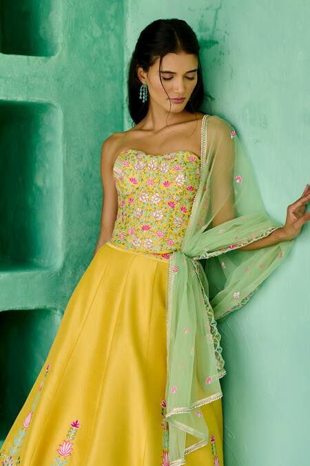 Chamee And Palak_Yellow Dupion, Silk, Net Embroidery Sweetheart Falak Floral Pattern Lehenga Set _at_Aza_Fashions