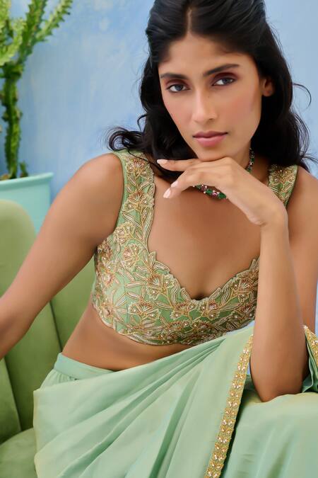 Shop_Chamee And Palak_Green Tissue, Silk Embroidery Sweetheart Haseen Pre-drape Saree And Blouse Set _Online_at_Aza_Fashions