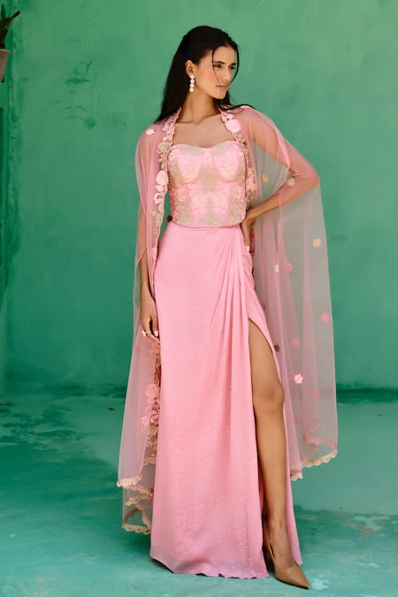 Buy_Chamee And Palak_Pink Georgette, Silk Sequins, Embroidery Esita Floral Pattern Cape And Skirt Set _Online_at_Aza_Fashions