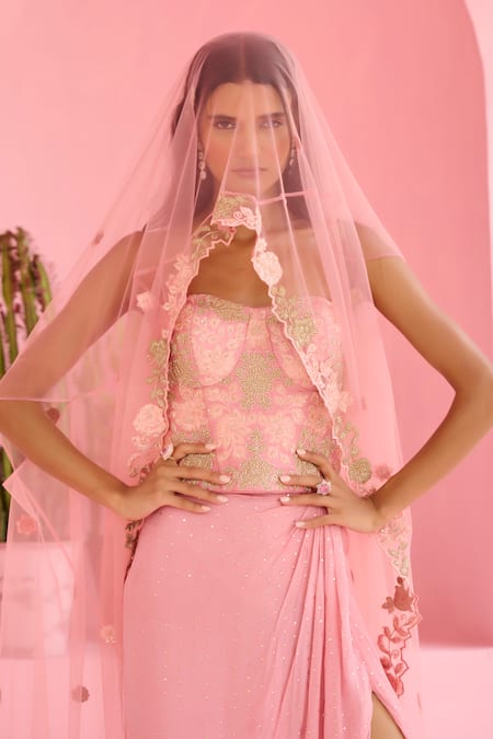 Chamee And Palak_Pink Georgette, Silk Sequins, Embroidery Esita Floral Pattern Cape And Skirt Set _at_Aza_Fashions