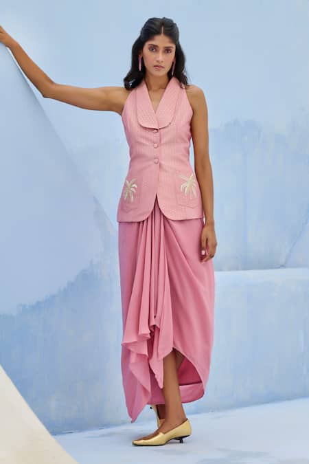 Chamee And Palak Pink Tissue, Silk, Crepe Embroidery Ziya Blazer And Skirt Set 