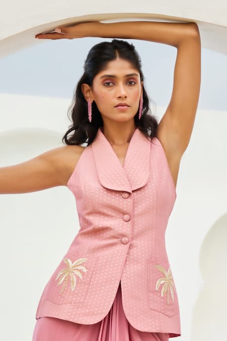 Buy_Chamee And Palak_Pink Tissue, Silk, Crepe Embroidery Ziya Blazer And Skirt Set _Online_at_Aza_Fashions