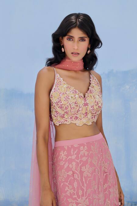 Chamee And Palak_Mauve Georgette, Silk, Net Sequins, Embroidery Plunge Fiza Skirt And Blouse Set _Online_at_Aza_Fashions