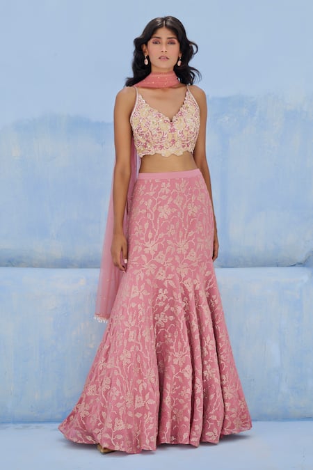Chamee And Palak Mauve Georgette, Silk, Net Sequins, Embroidery Plunge Fiza Skirt And Blouse Set