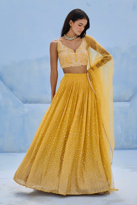 Chamee And Palak_Yellow Georgette, Silk, Net Sequins, Embroidery Zohra Blouse And Lehenga Set _Online_at_Aza_Fashions