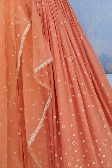 Shop_Chamee And Palak_Coral Georgette, Silk, Net Sequins, Embroidery Off-shoulder Melisa Lehenga Set _Online_at_Aza_Fashions