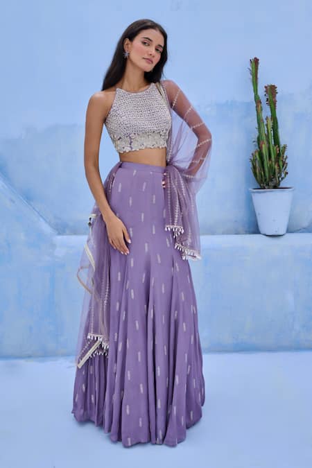 Chamee And Palak_Purple Georgette, Net, Shantoon Embroidery, Beads, Floral Pattern Lehenga Set _Online_at_Aza_Fashions