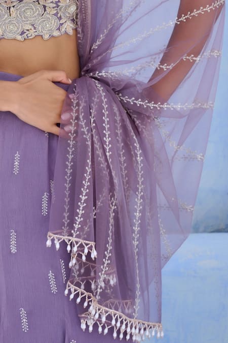 Chamee And Palak_Purple Georgette, Net, Shantoon Embroidery, Beads, Floral Pattern Lehenga Set _at_Aza_Fashions
